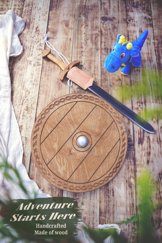 Wooden Toy Viking Sword and Round Shield Set: Handmade Personalised Gift - C