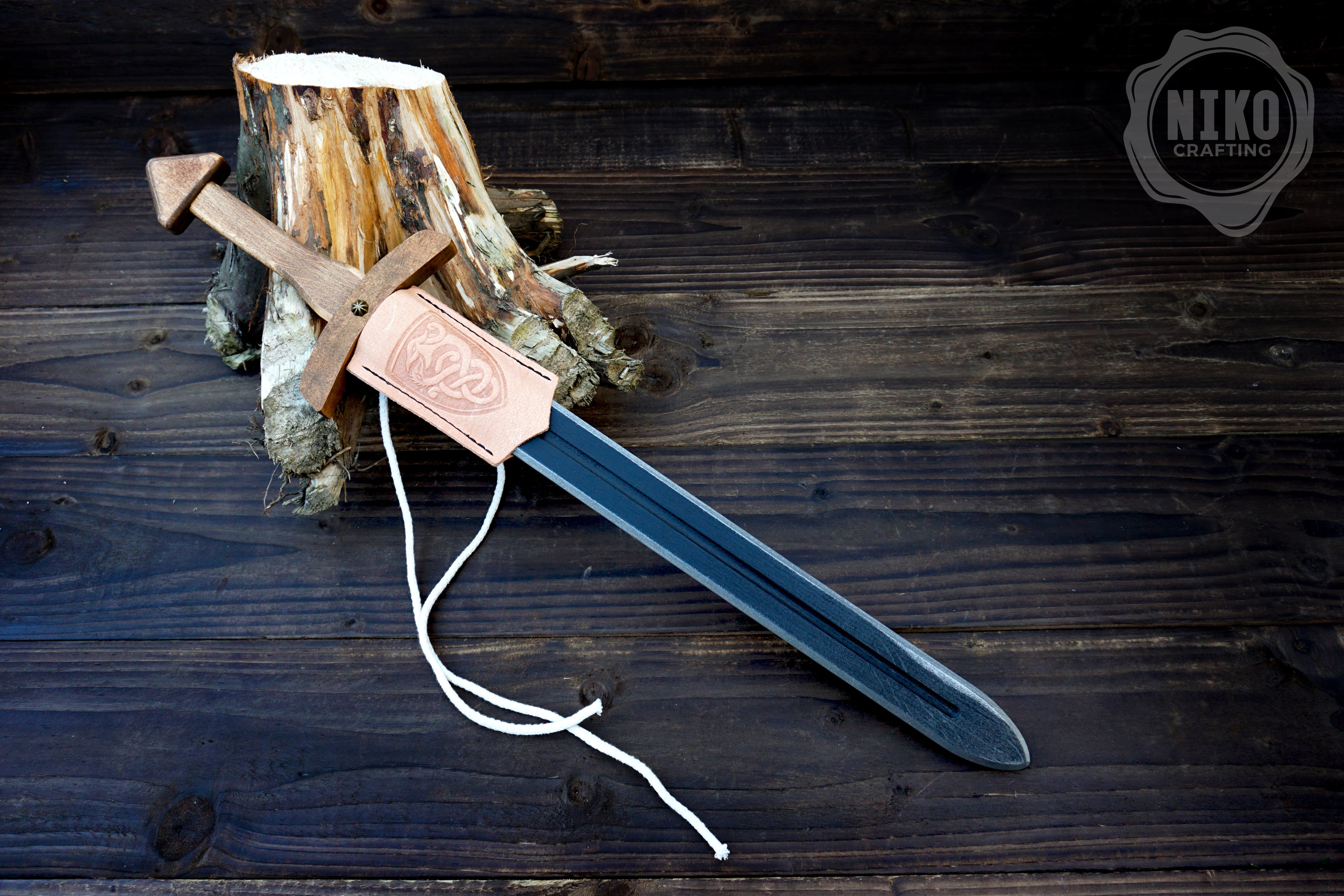 Wooden Viking Toy Sword with Leather Scabbard – Handmade, Personalised Toy - B