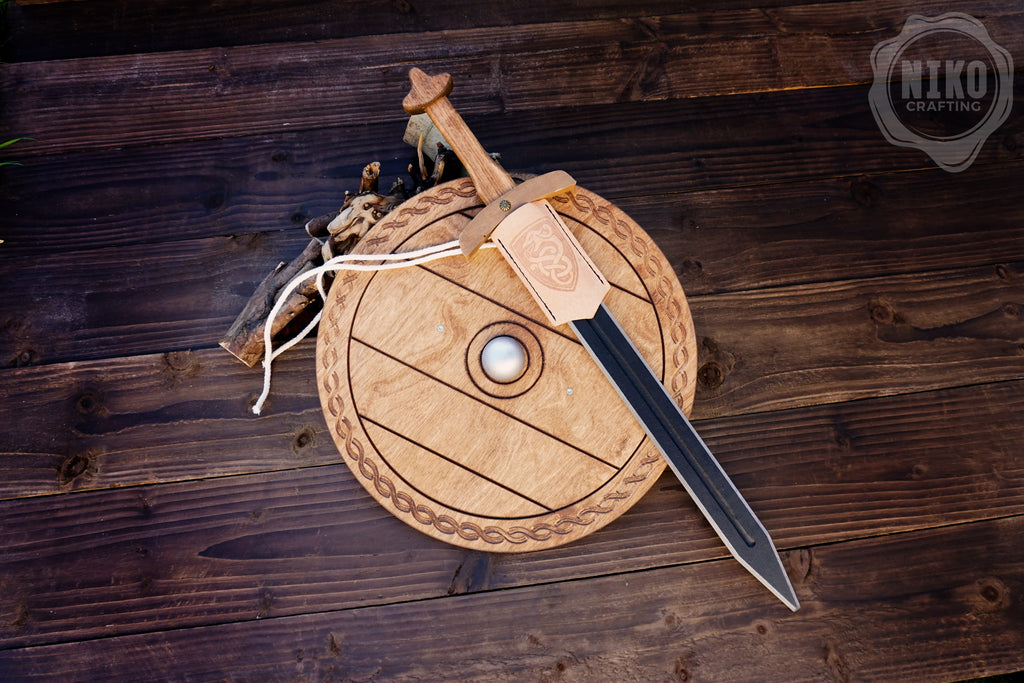 Wooden Toy Viking Sword and Round Shield Set: Handmade Personalised Gift - C