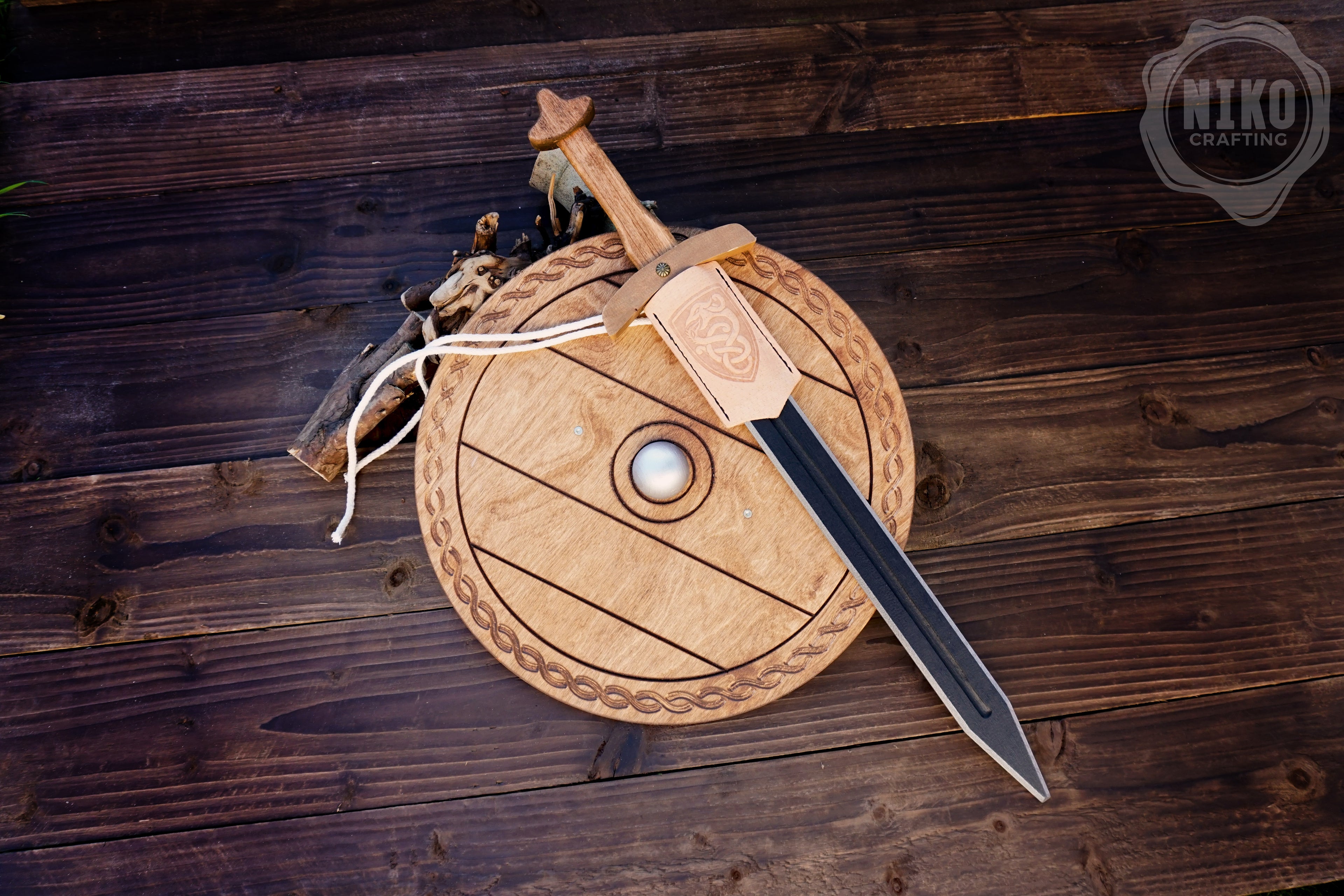 Wooden Toy Viking Sword and Round Shield Set: Handmade Personalised Gift - C
