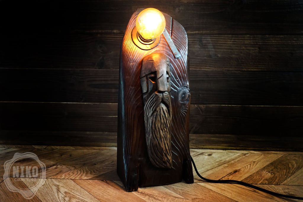 Handmade Wooden Viking Lamp – Pine Wood Base and Lime Wood Sculpture – Hand Carved