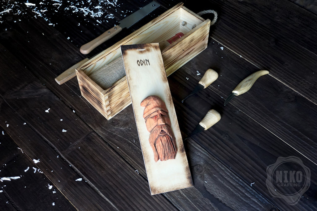 Handmade Wooden Wine Box - Carved Odin on Sliding Lid. Personalized Viking Gift - Chest with Rope Handle & Pyrography.