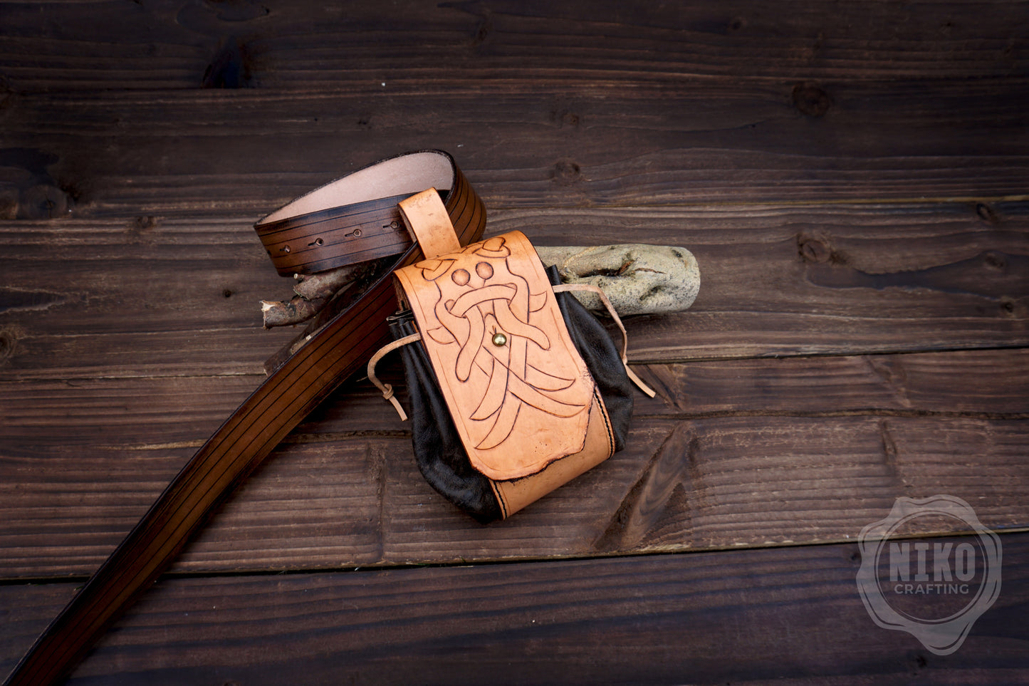 Handmade leather Viking Belt Pouch with "Aarhus Stone" Embossing - Medieval Hip-bag