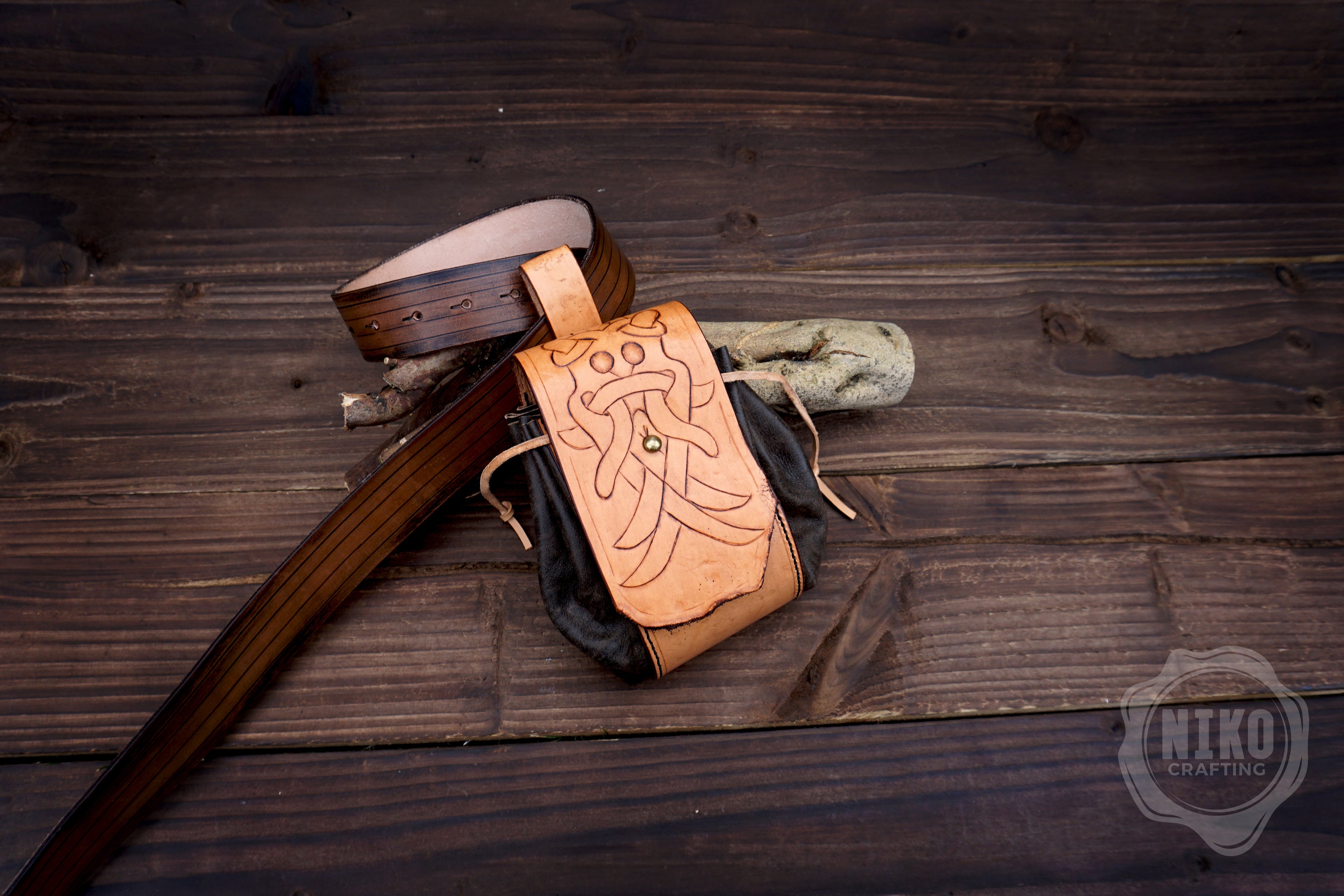 Handmade leather Viking Belt Pouch with "Aarhus Stone" Embossing - Medieval Hip-bag