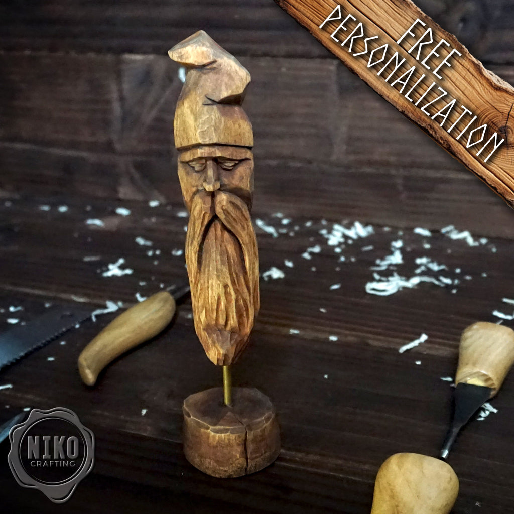 Hand-Carved Bearded Viking- Whittled Standing Figurine. Personalised Viking in Hat