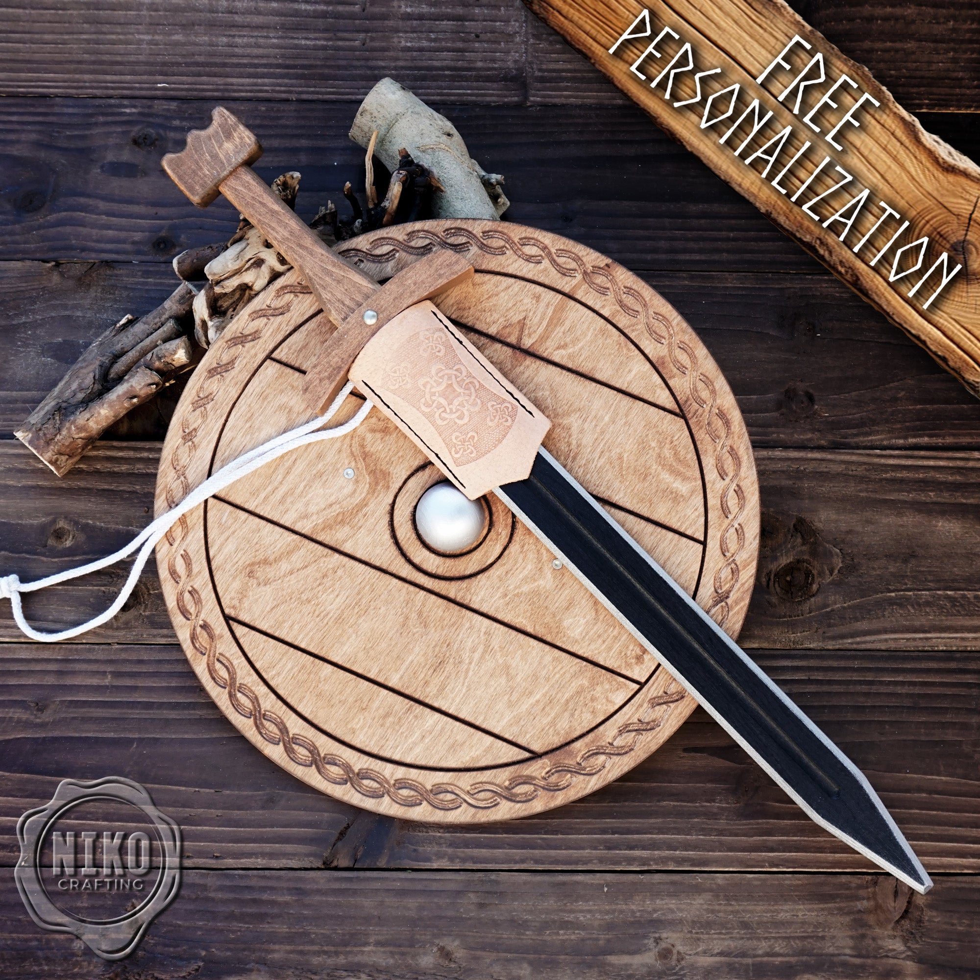Wooden Toy Viking Sword and Round Shield Set: Handmade Personalised Gift - A