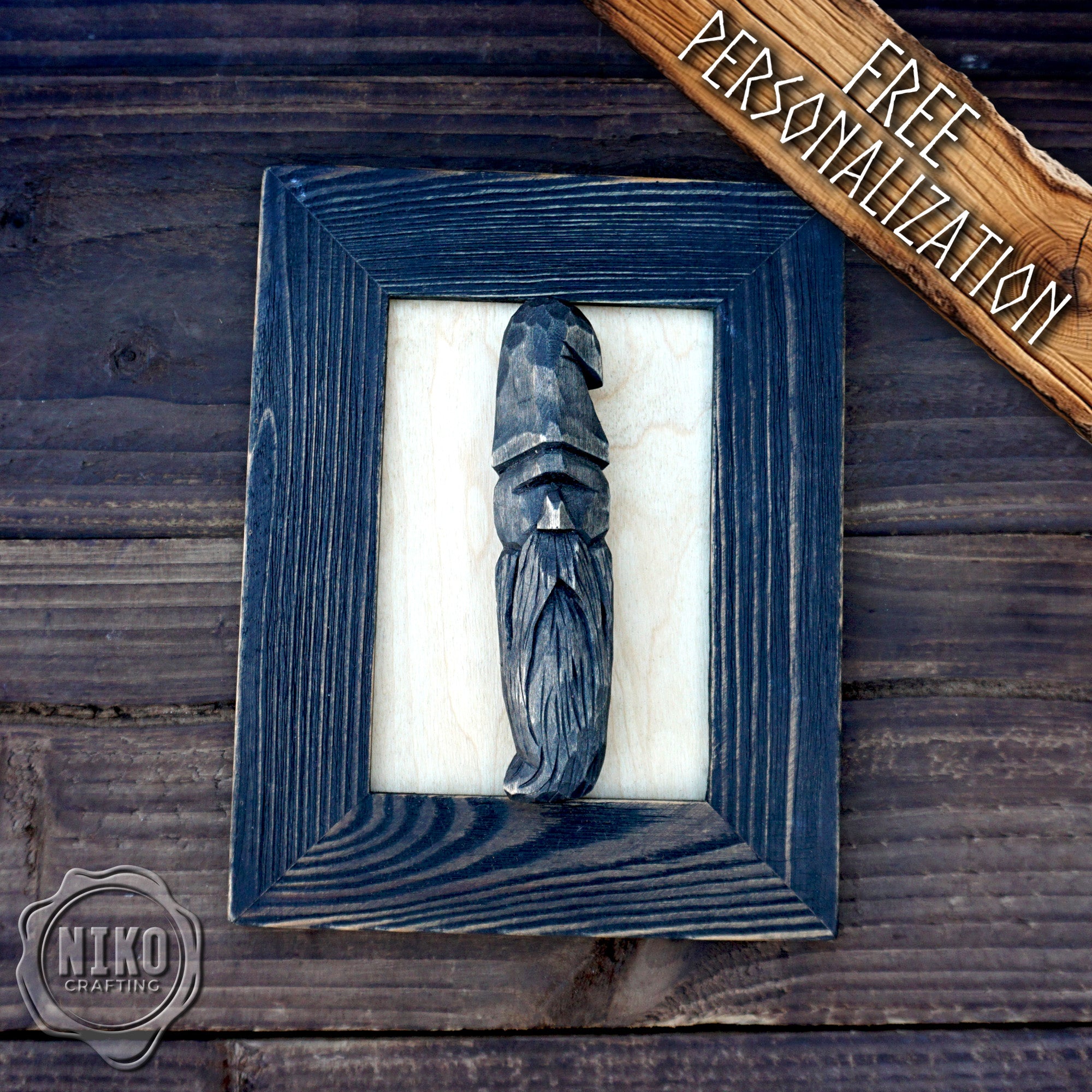 Hand - Carved Viking in Frame - Personalized Rustic Home Decoration – Handmade Wal Art - Black