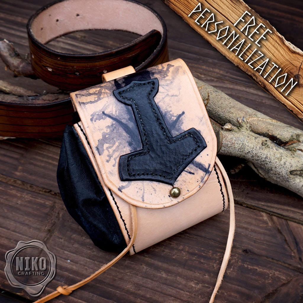 Handmade Viking Leather Belt Pouch with "Mjolnir - Thor's Hammer" - Medieval Hip-bag