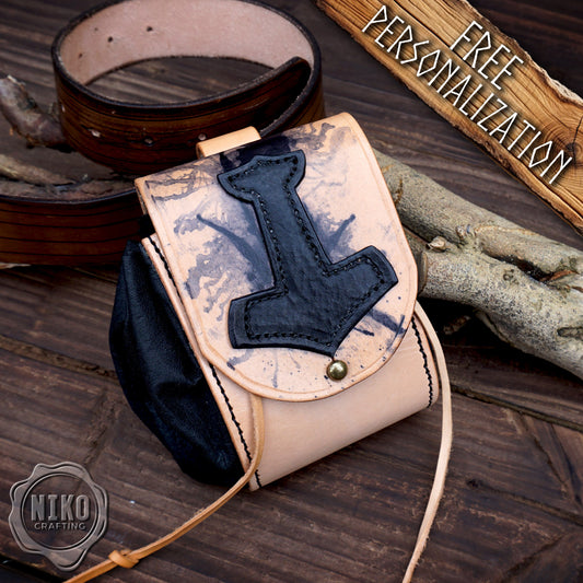 Handmade Viking Leather Belt Pouch with "Mjolnir - Thor's Hammer" - Medieval Hip-bag