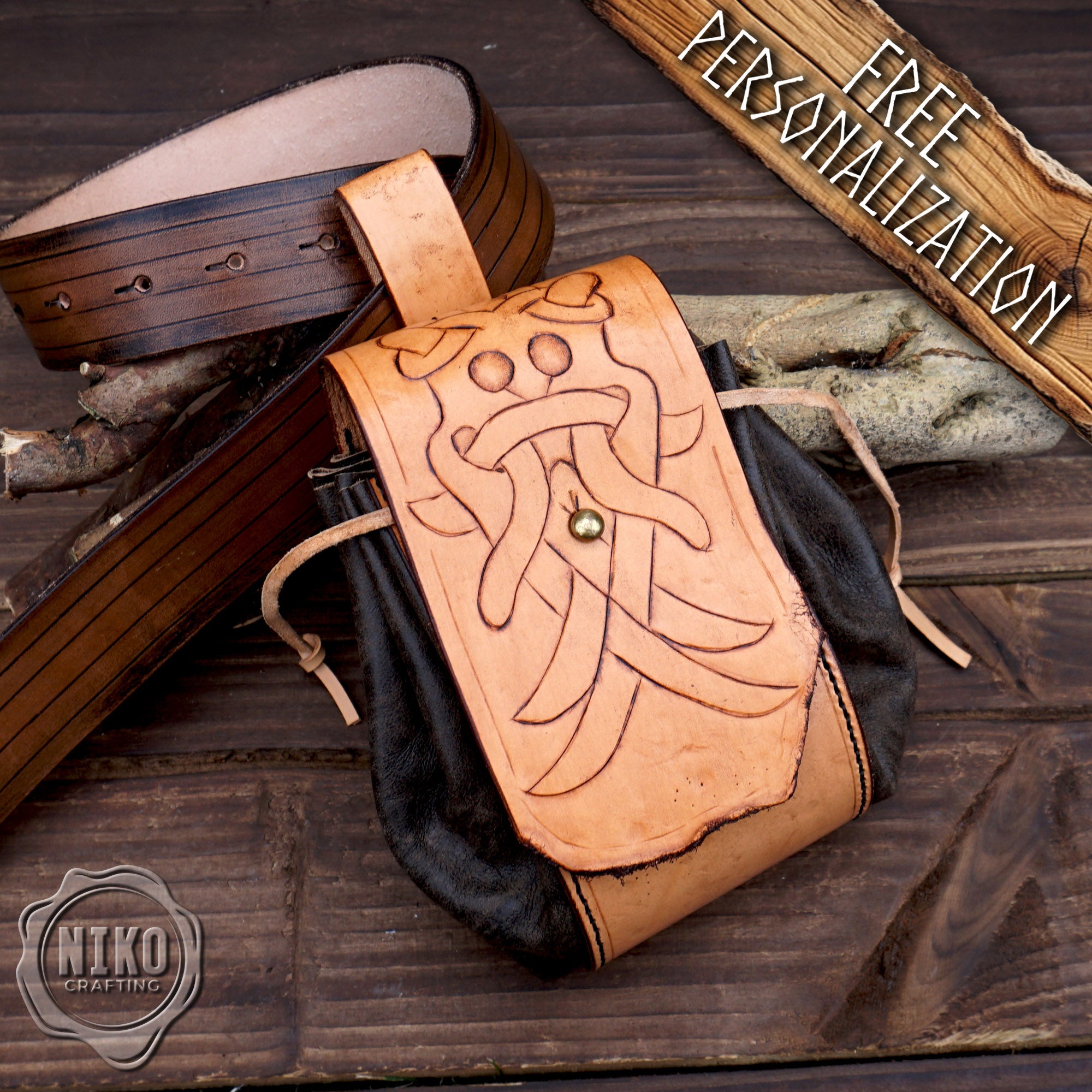 Handmade leather Viking Belt Pouch with "Aarhus Stone" Embossing - Medieval Hip-bag