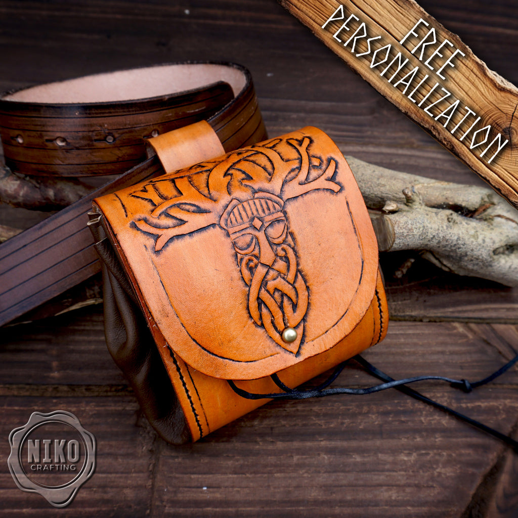 Handmade Viking Leather Pouch: Veles Embossing - Medieval, Pagan Hip-bag