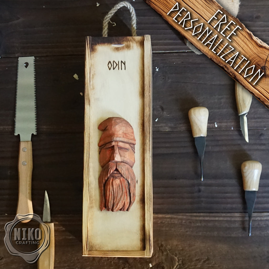 Handmade Wooden Wine Box - Carved Odin on Sliding Lid. Personalized Viking Gift - Chest with Rope Handle & Pyrography.