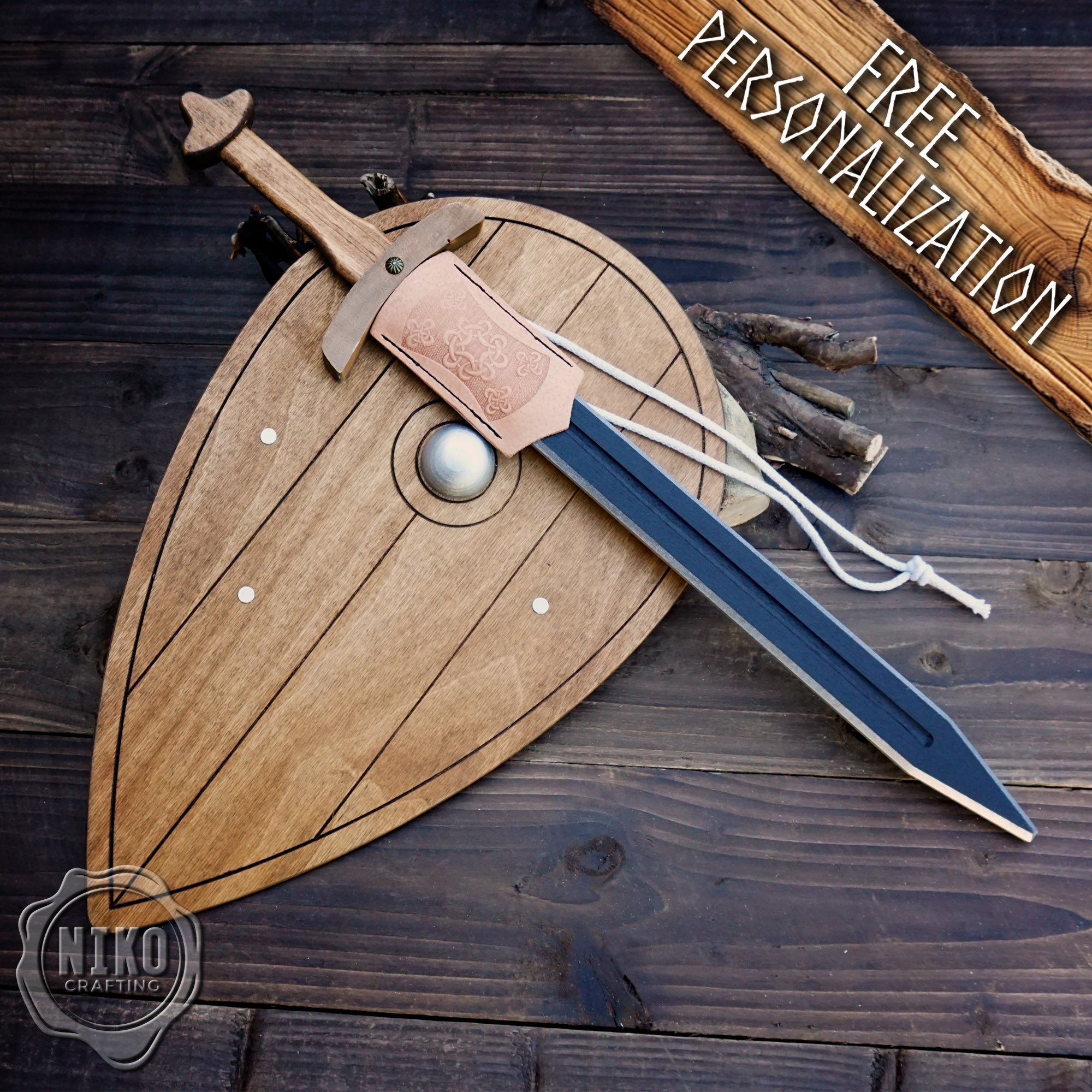 Wooden Viking Sword and Almond Shield - Handmade Personalised Toy - C