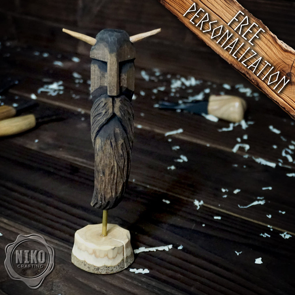 Hand-Carved Bearded Viking in Helmet with Horns - Whittled Standing Figurine. Personalised Gift