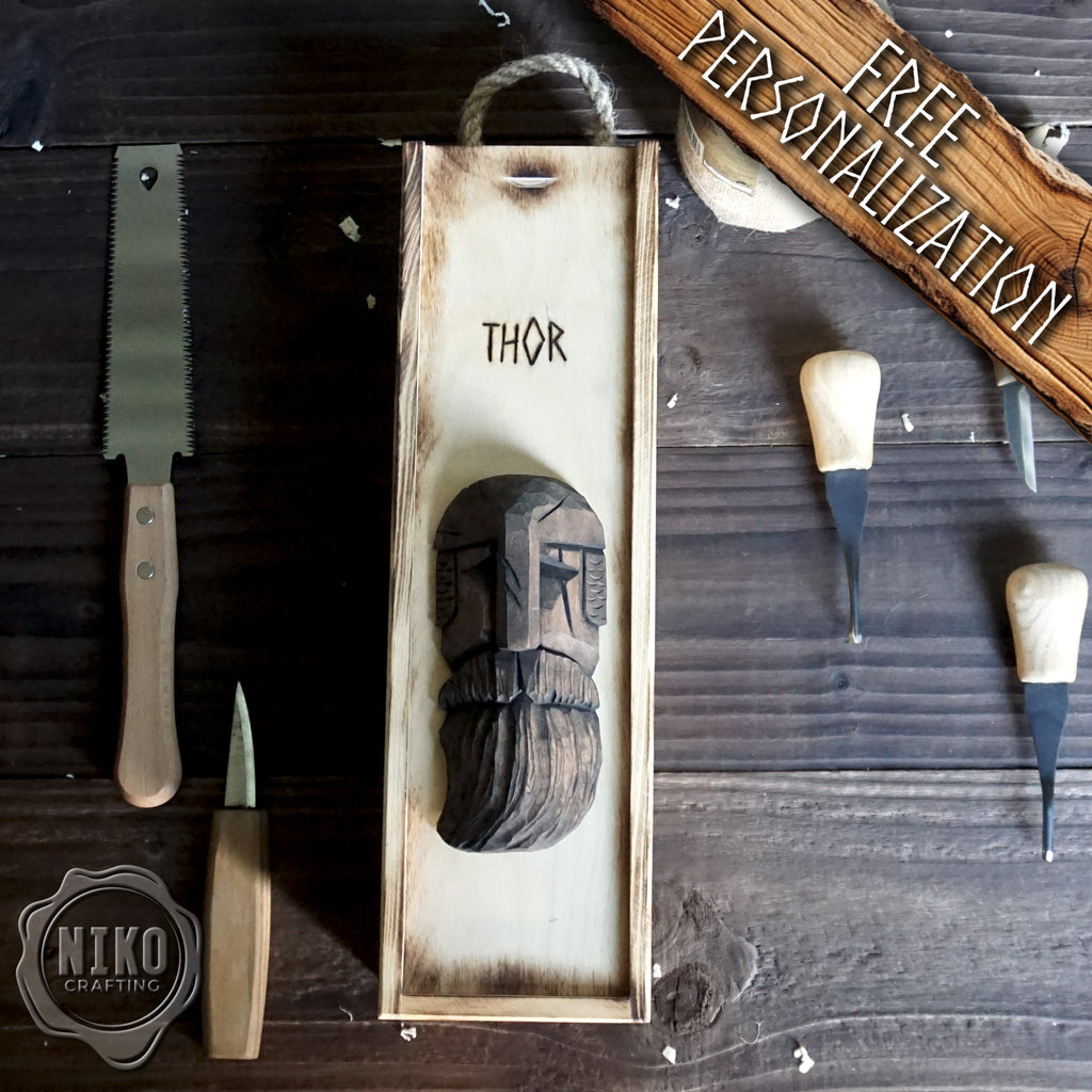Handmade Wooden Wine Box - Carved Thor on Sliding Lid. Personalized Viking Gift - Chest with Rope Handle & Pyrography