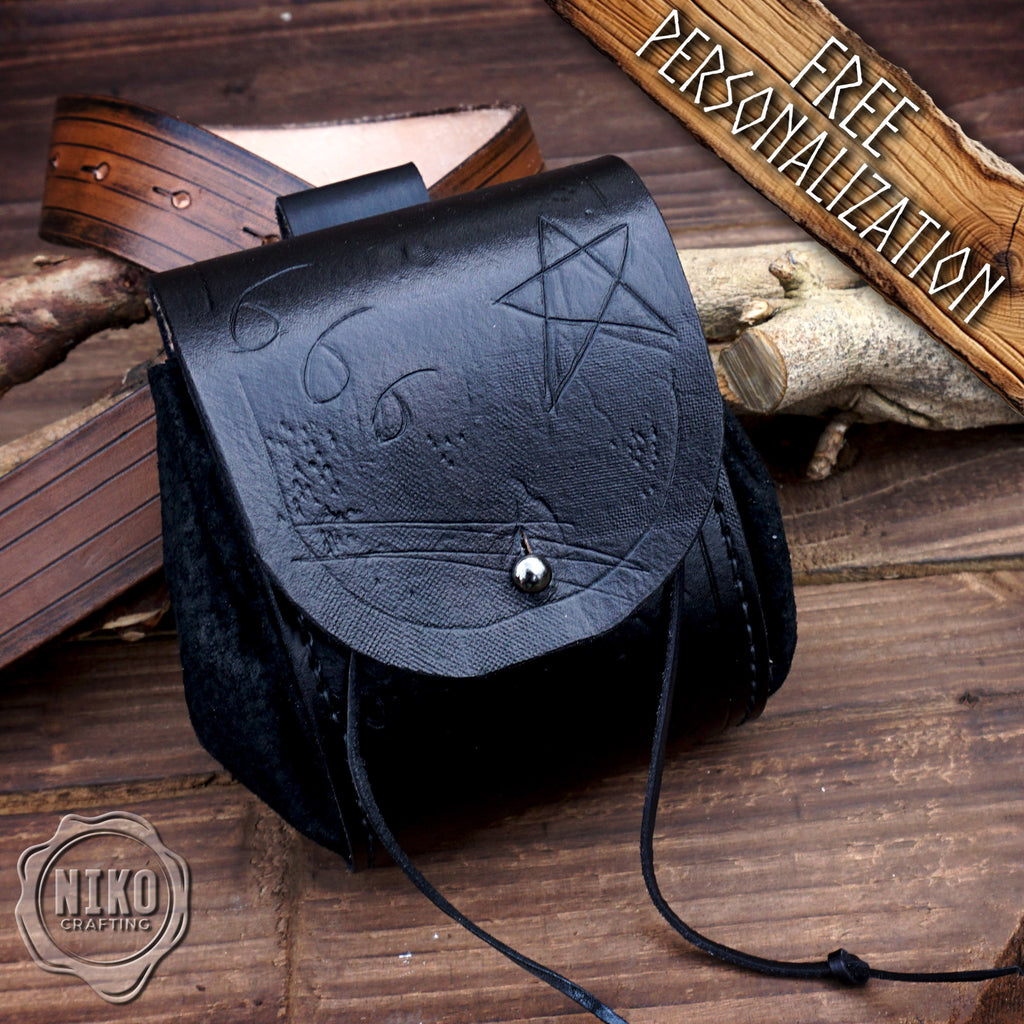 Handmade Leather Belt Pouch: Goth - Personalized Full Grain Leather. Gothic Hip-Bag