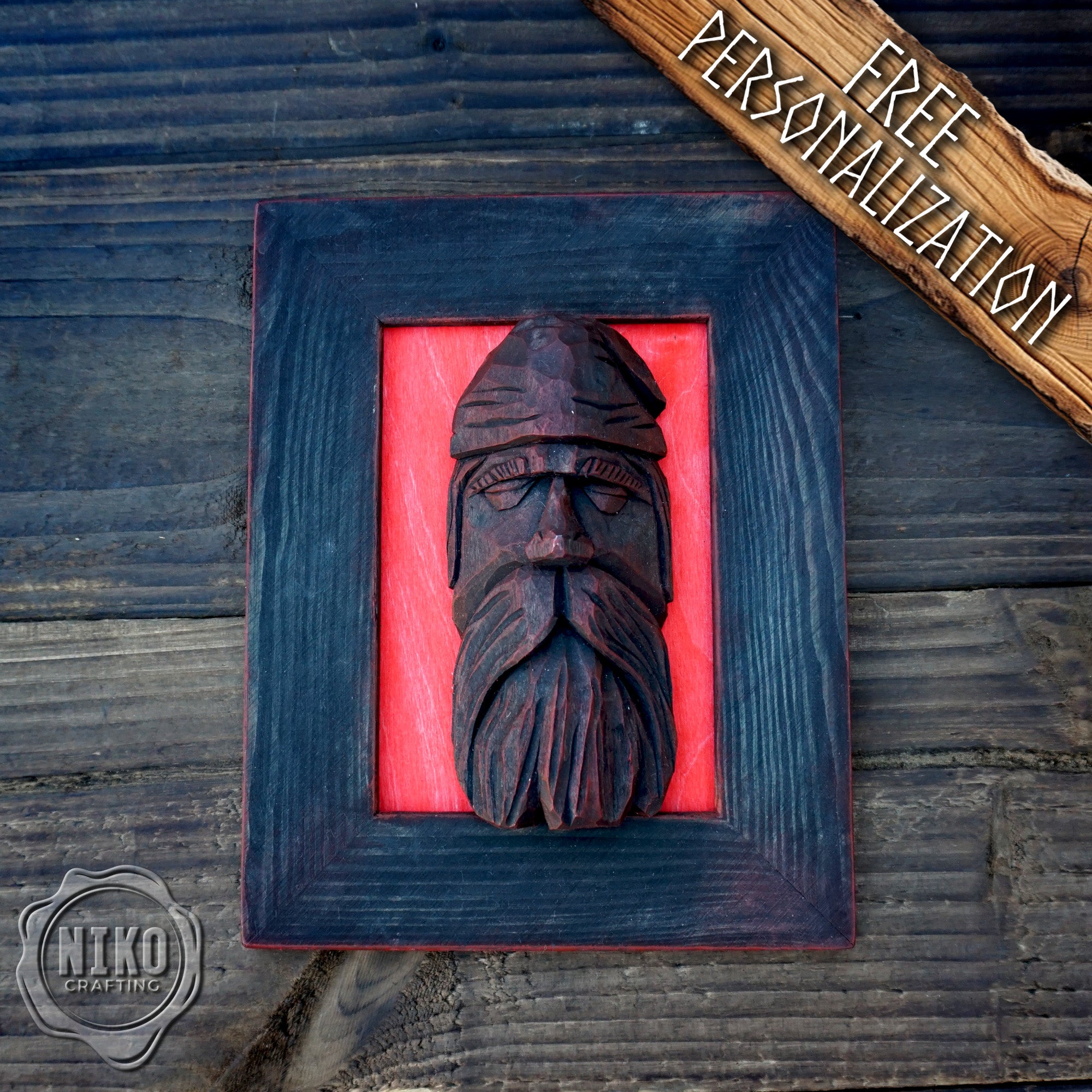 Hand Carved Black Viking in Frame - Personalized Rustic Home Decoration