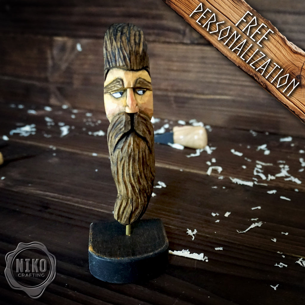 Hand-Carved Bearded Viking- Whittled Standing Figurine. Personalised Bearded man