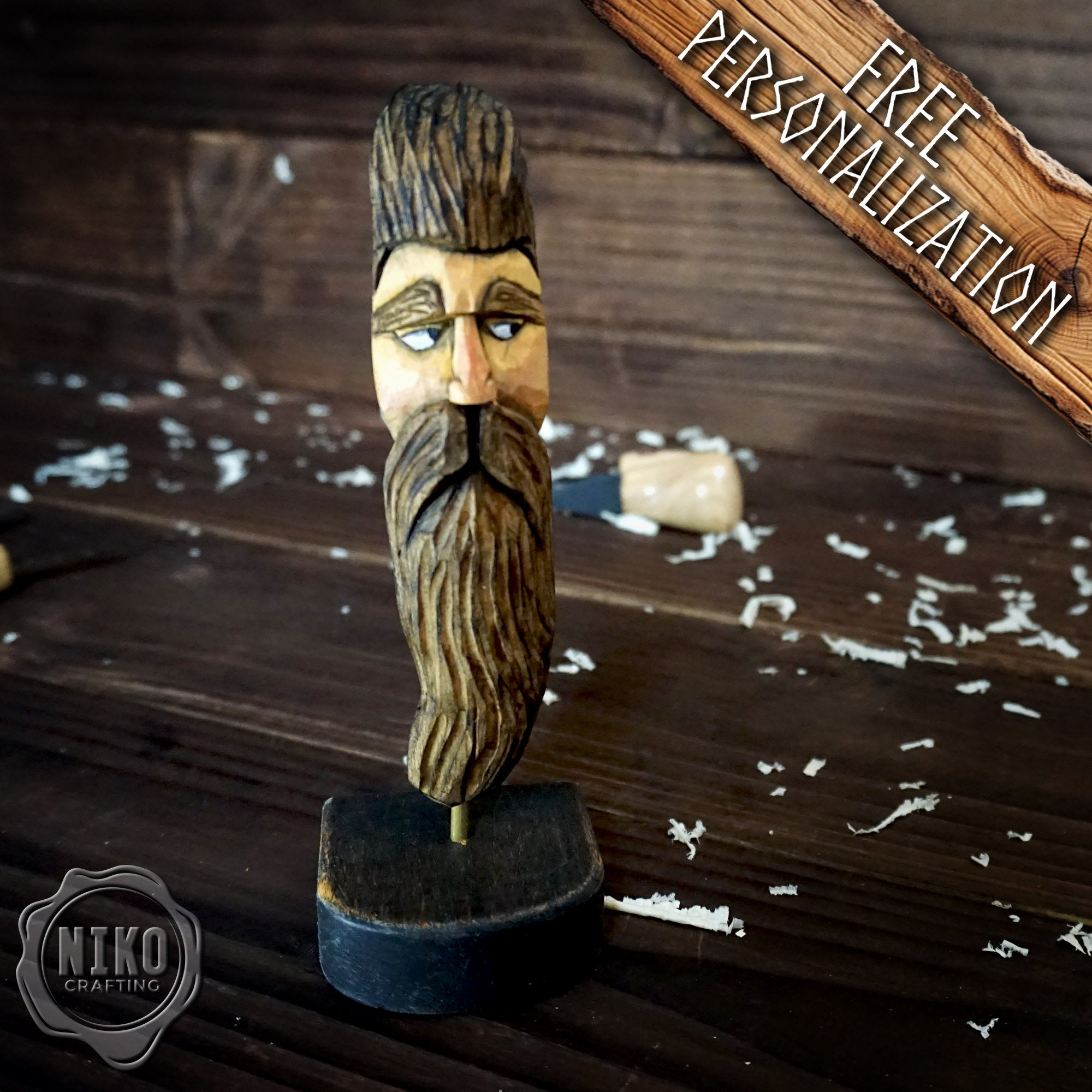 Hand-Carved Bearded Viking- Whittled Standing Figurine. Personalised Bearded man