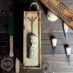 Handmade Wooden Wine Box - Carved Viking on Sliding Lid. Personalized Chest with Handle & Pyrography Rune of Protection