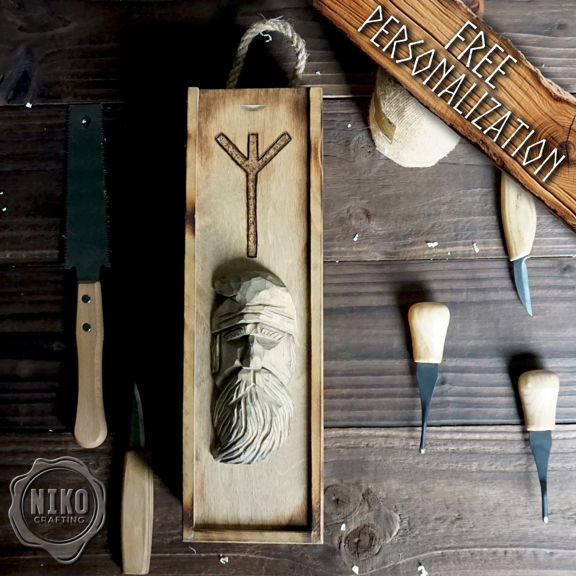 Handmade Wooden Wine Box - Carved Viking on Sliding Lid. Personalized Chest with Handle & Pyrography Rune of Protection