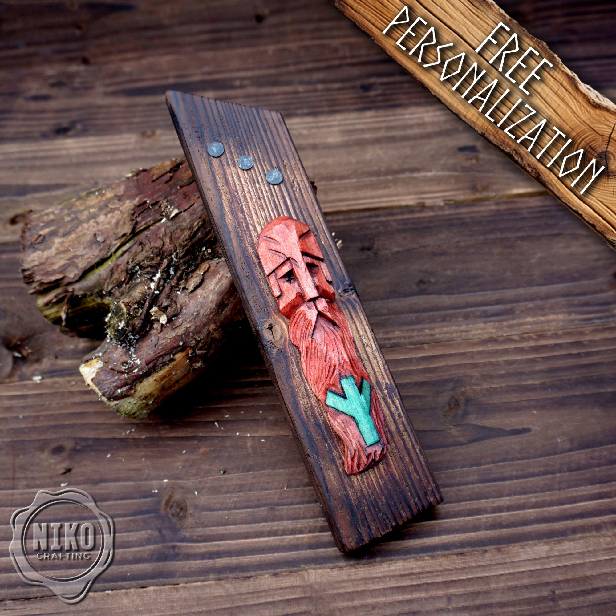 Hand-Carved Odin Wall Art - Algiz Viking Rune - Handmade Personalised Home Protection Amulet