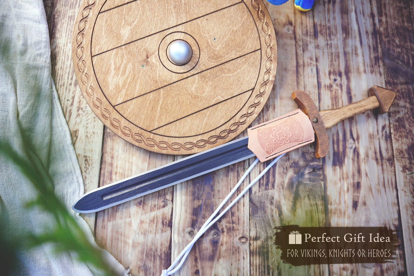 Wooden Toy Viking Sword and Round Shield Set: Handmade Personalised Gift - B