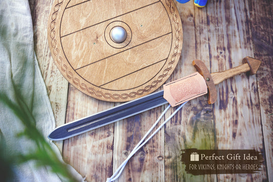 Wooden Toy Viking Sword and Round Shield Set: Handmade Personalised Gift - B