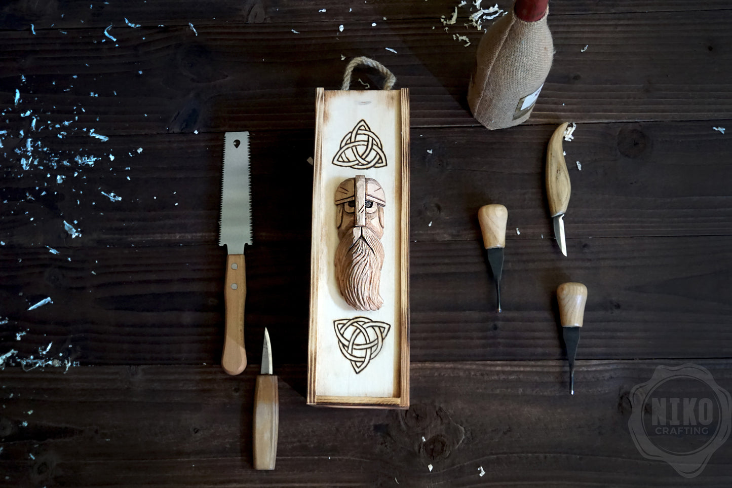 Handmade Wooden Wine Box - Carved Viking Warrior on Sliding Lid. Personalized Gift - Chest with Rope Handle & Pyrography