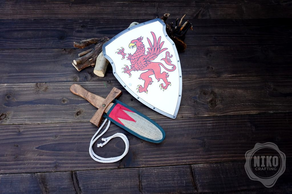 Wooden Small Toy Sword and Gryffin Shield - Handmade, Personalised gift