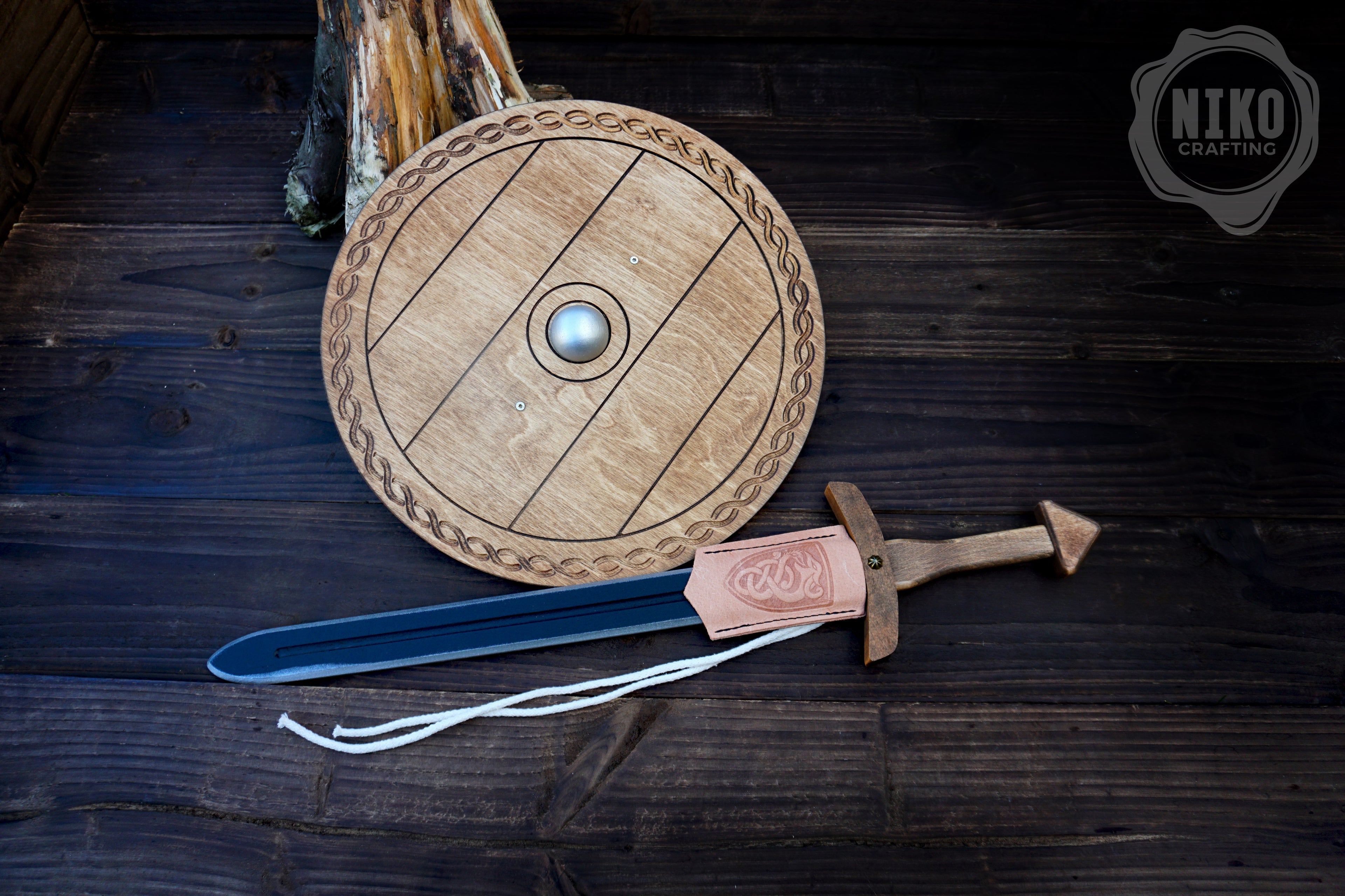 Wooden Toy Viking Sword and Round Shield Set: Handmade Personalised Gift - B