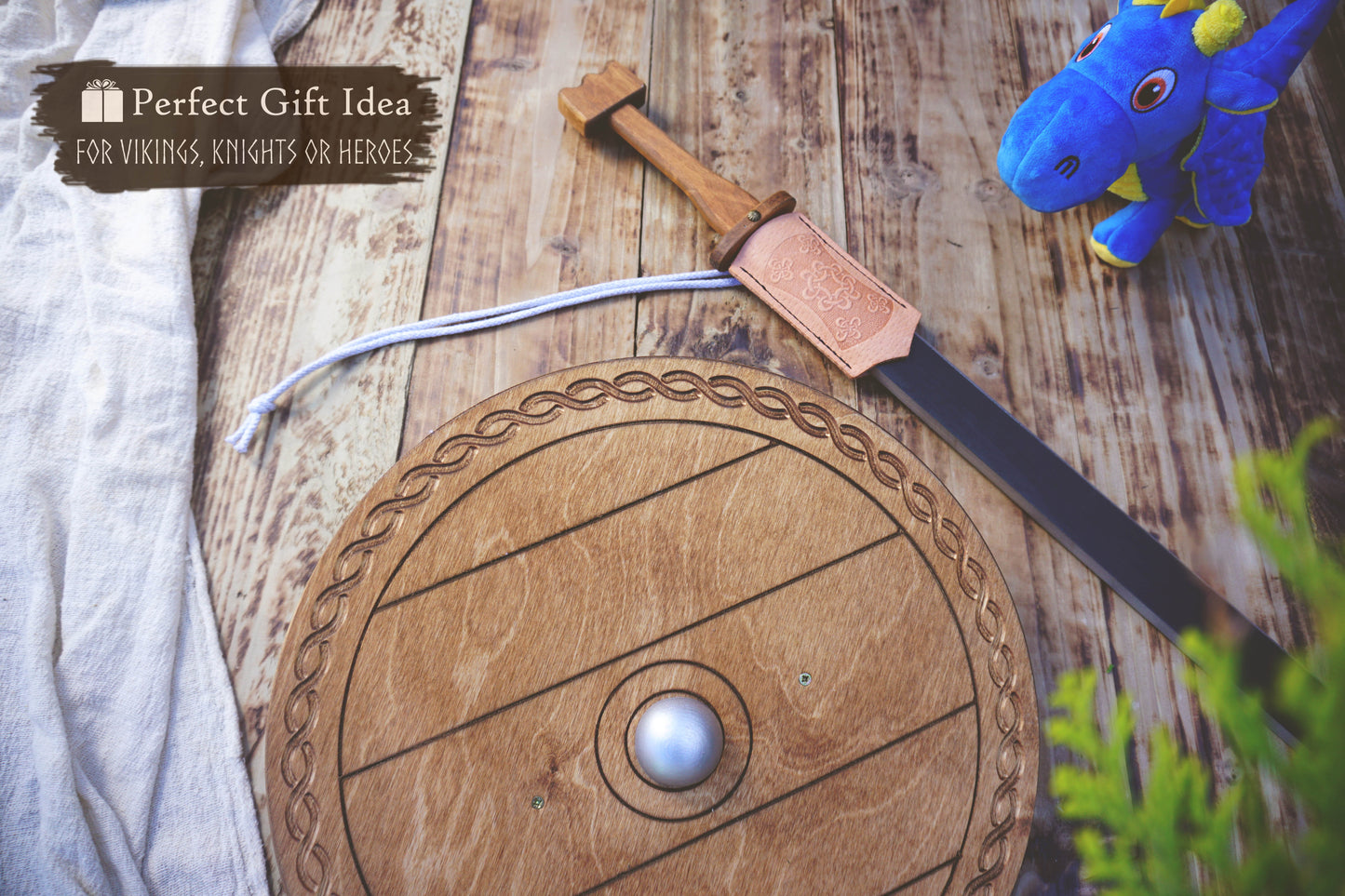 Wooden Viking Sword Langsax and Round Shield Set: Handmade Personalised Toy with Scabbard