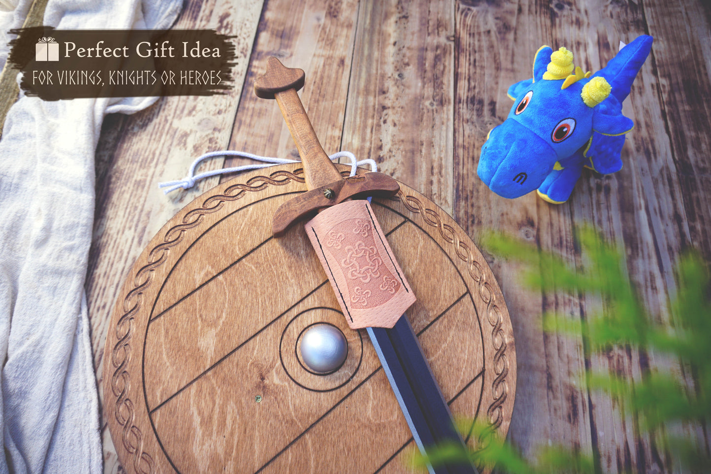 Wooden Toy Viking Sword and Round Shield Set: Handmade Personalised Gift - C