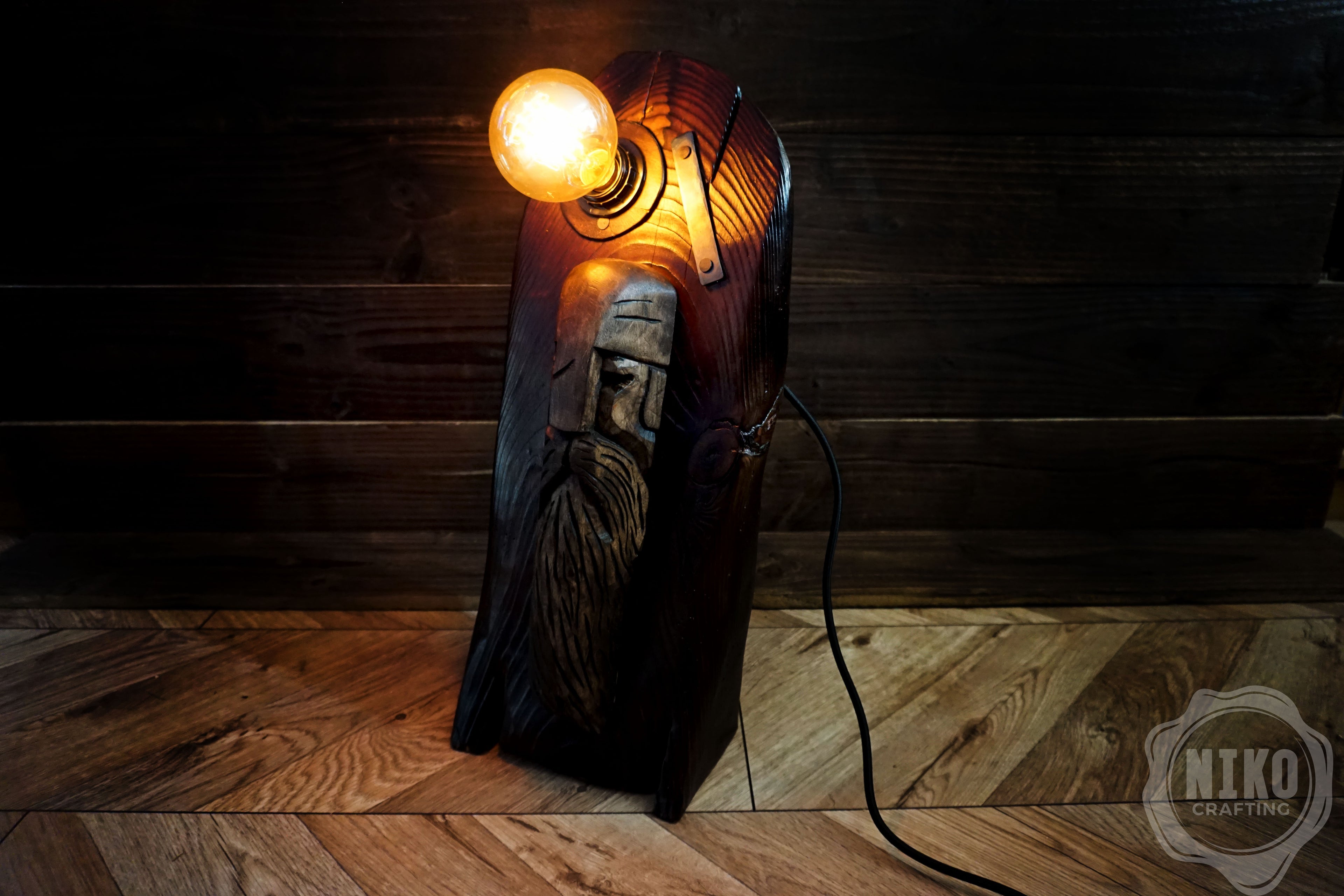 Handmade Wooden Viking Lamp – Pine Wood Base and Lime Wood Sculpture – Hand Carved