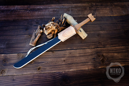 Wooden Viking Toy Sword (langsax) and Shield Set (Vegvisir): Handmade Personalised gift