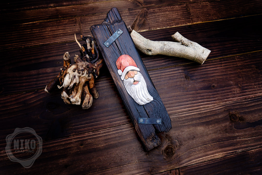 Hand-Carved Santa Claus Wall Art- Rustic Christmas Decoration. Personalised gift- B