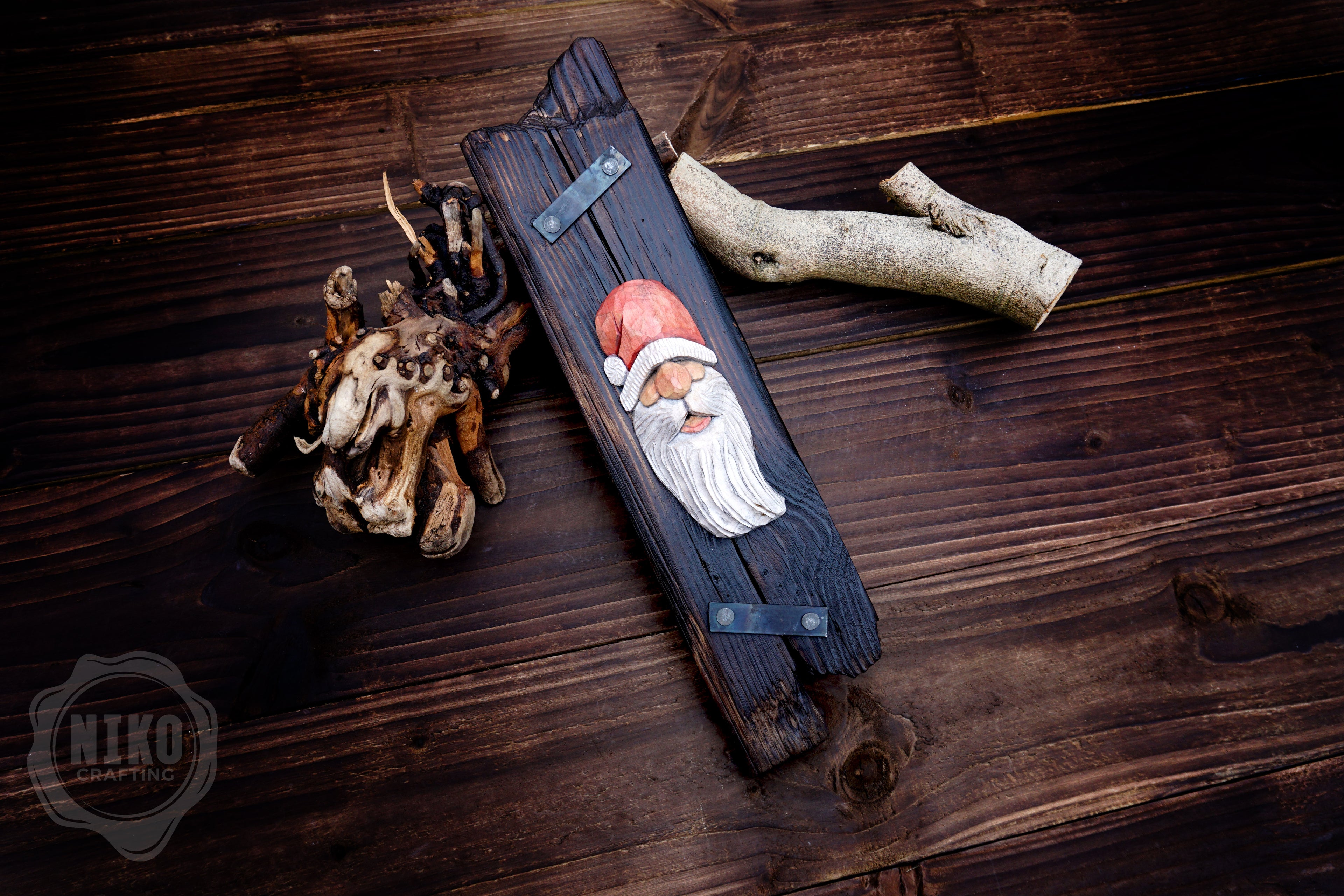 Hand-Carved Santa Claus Wall Art- Rustic Christmas Decoration. Personalised gift- B