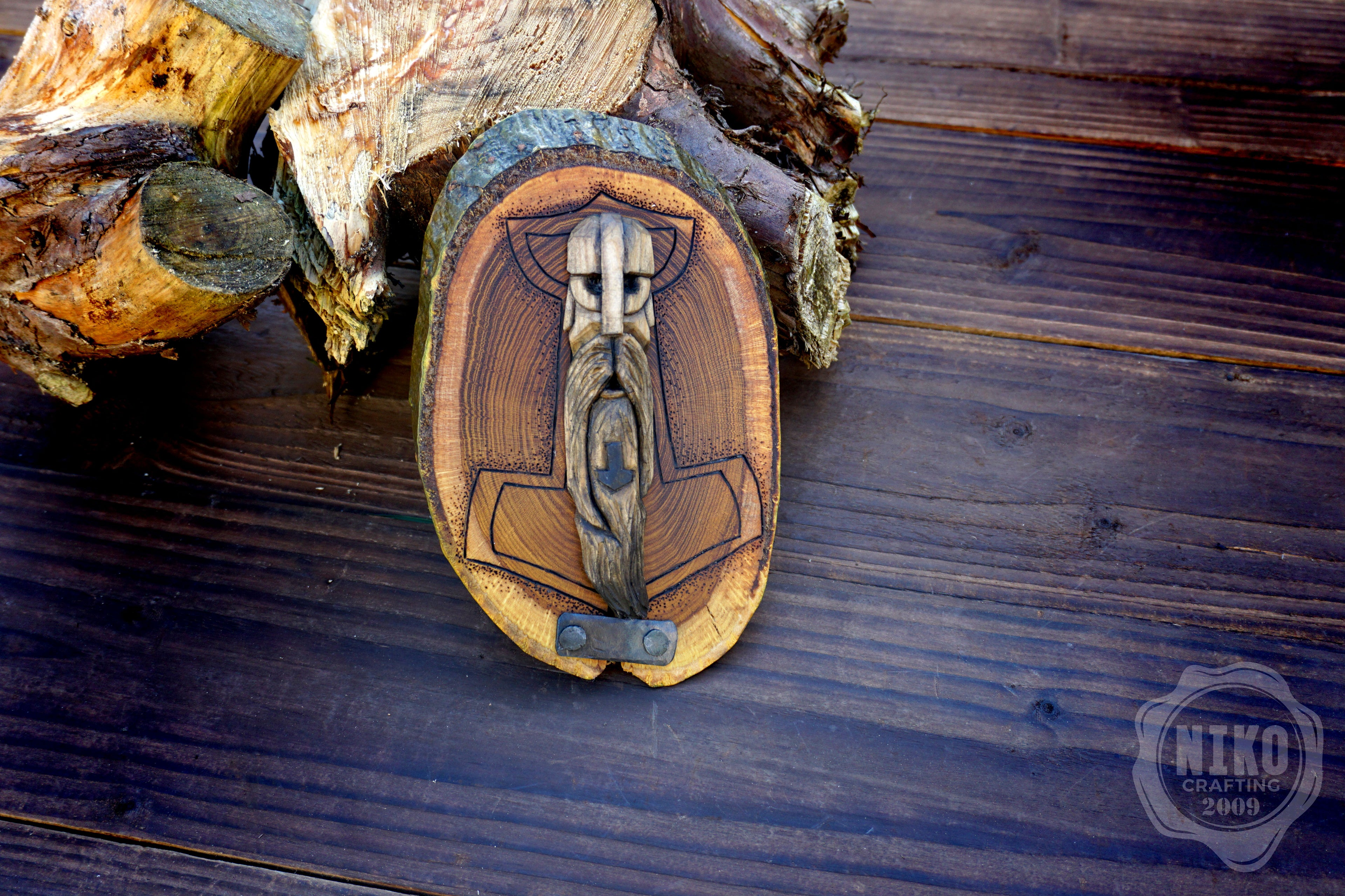 Hand Carved Thor Wall Art – Lime Wood, Laburnum Mjolnir Viking Norse Decor