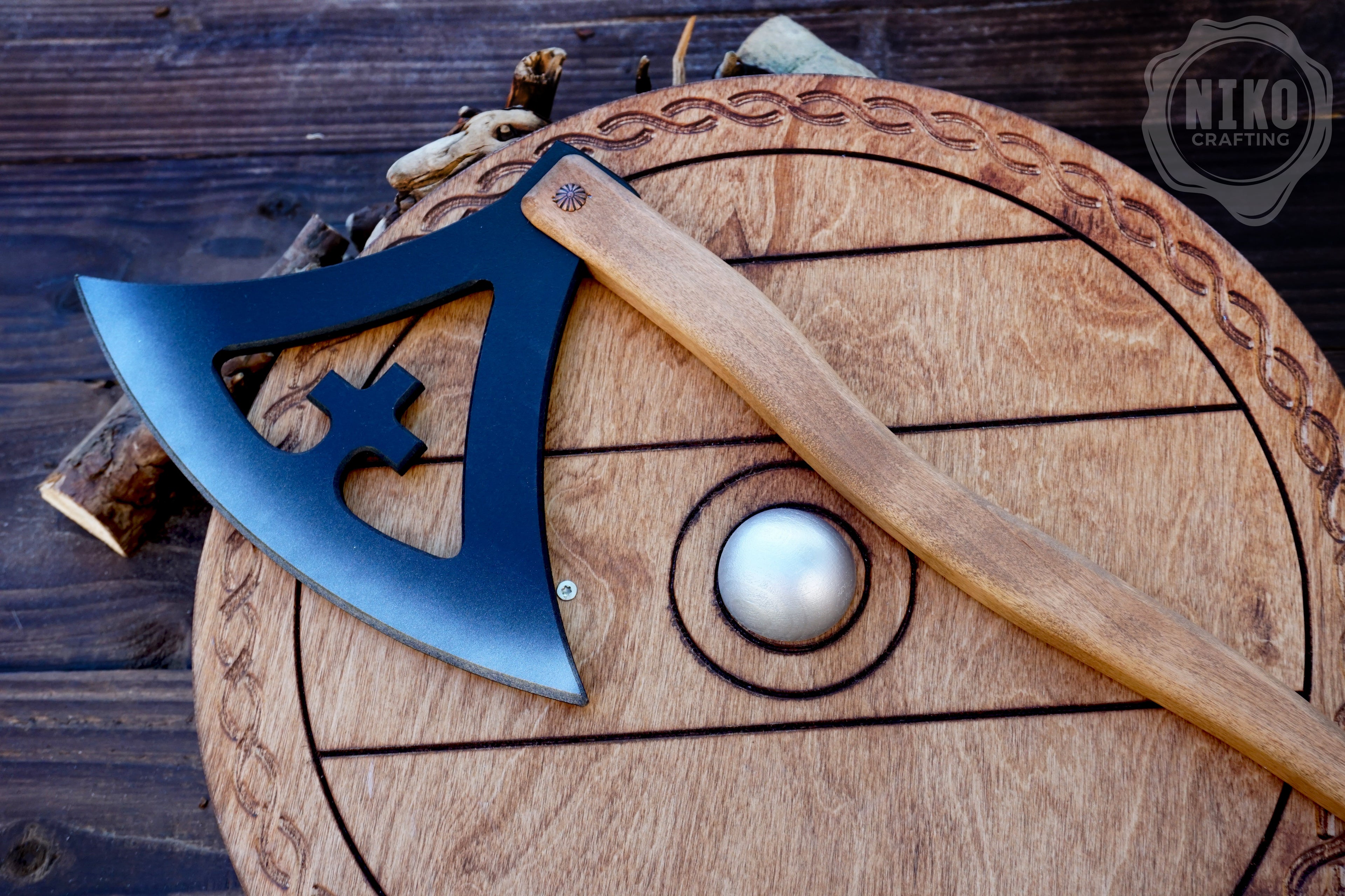 Wooden Viking Axe and Round Shield - Gotland - Handmade Personalised Toy