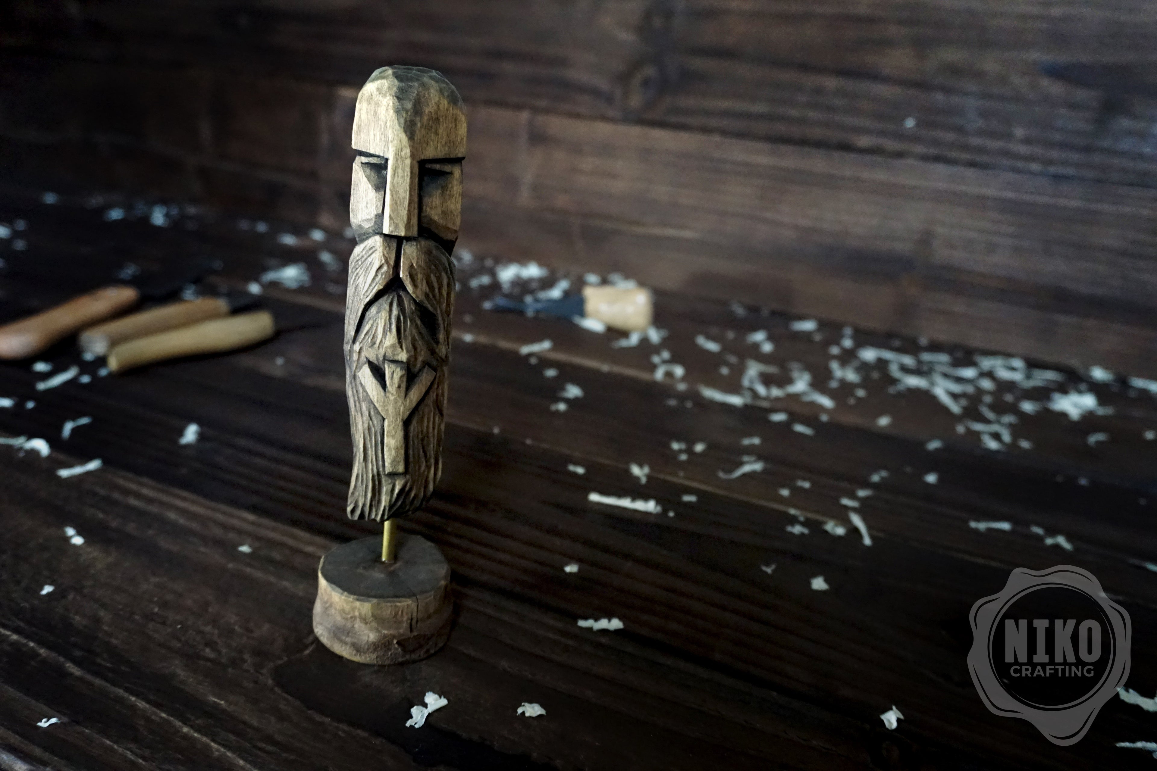 Hand-Carved Bearded Viking in Helmet - Whittled Standing Figurine. Personalised Gift