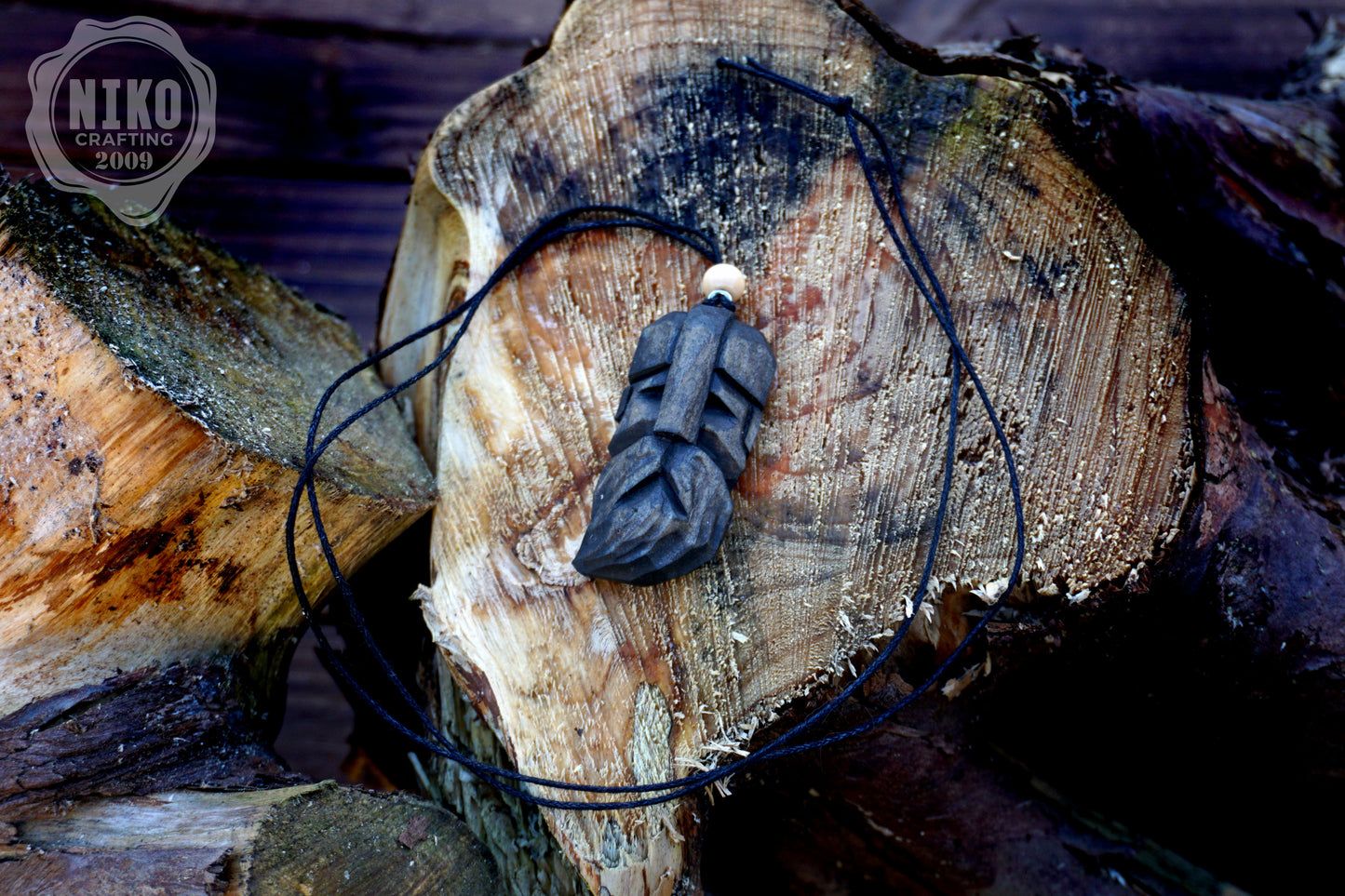 Hand-Carved Viking Pendant - Norse Jewellery. Black Wooden Necklace - Personalized whittling gift.