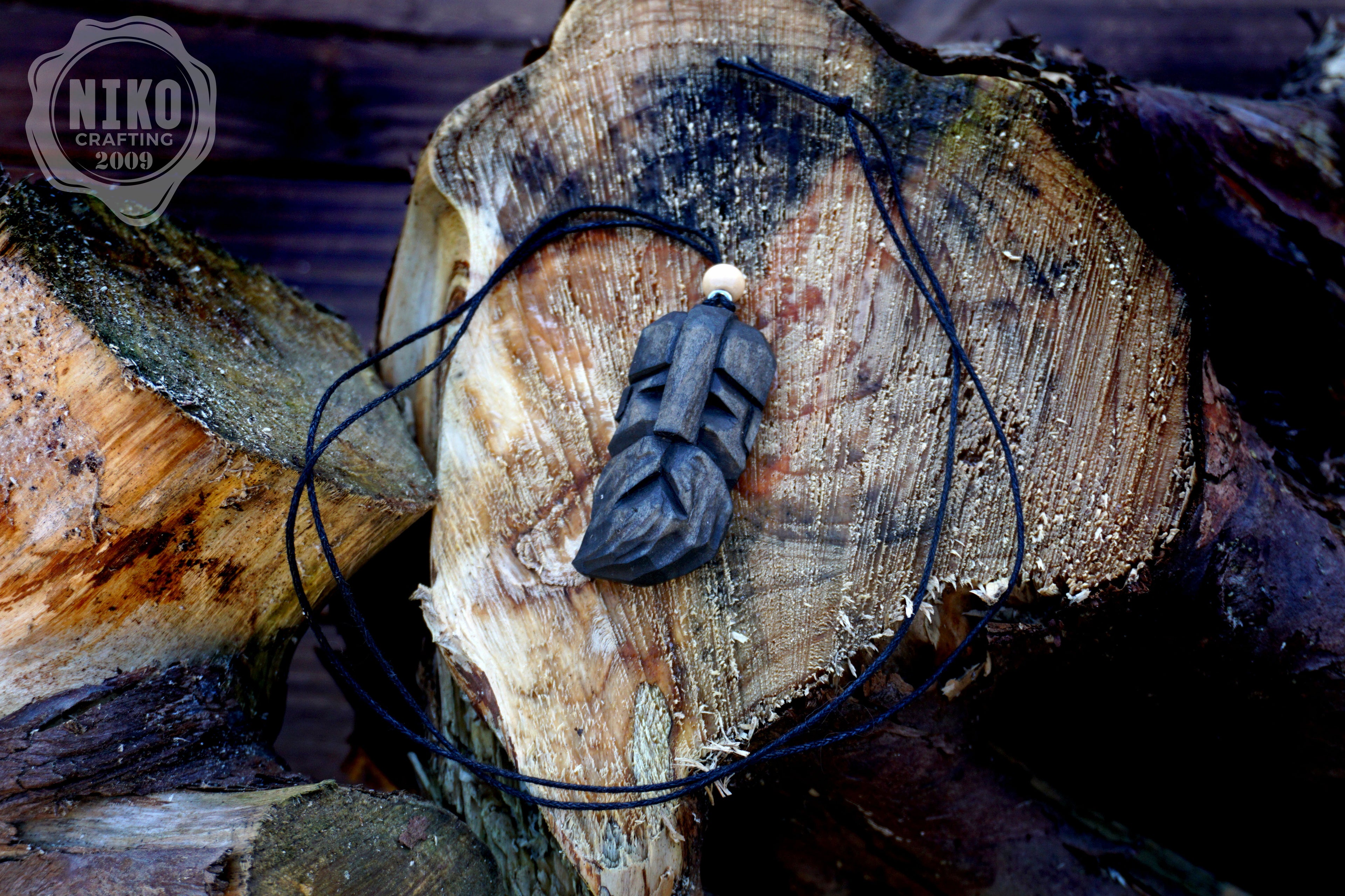 Hand-Carved Viking Pendant - Norse Jewellery. Black Wooden Necklace - Personalized whittling gift.
