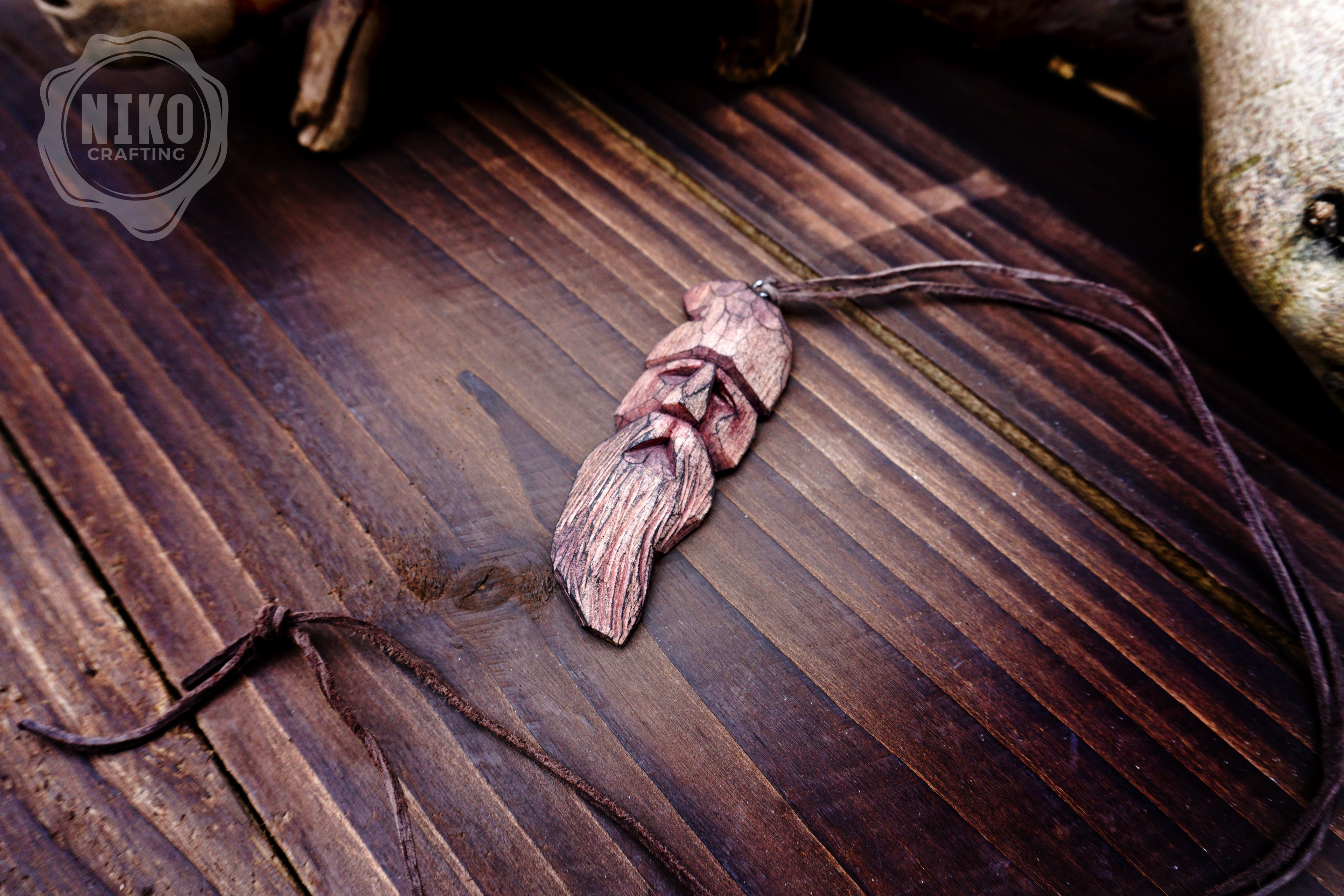 Hand-Carved Pendant - Norse Jewellery. Wooden Necklace on Leather Cord - Personalized whittling gift.