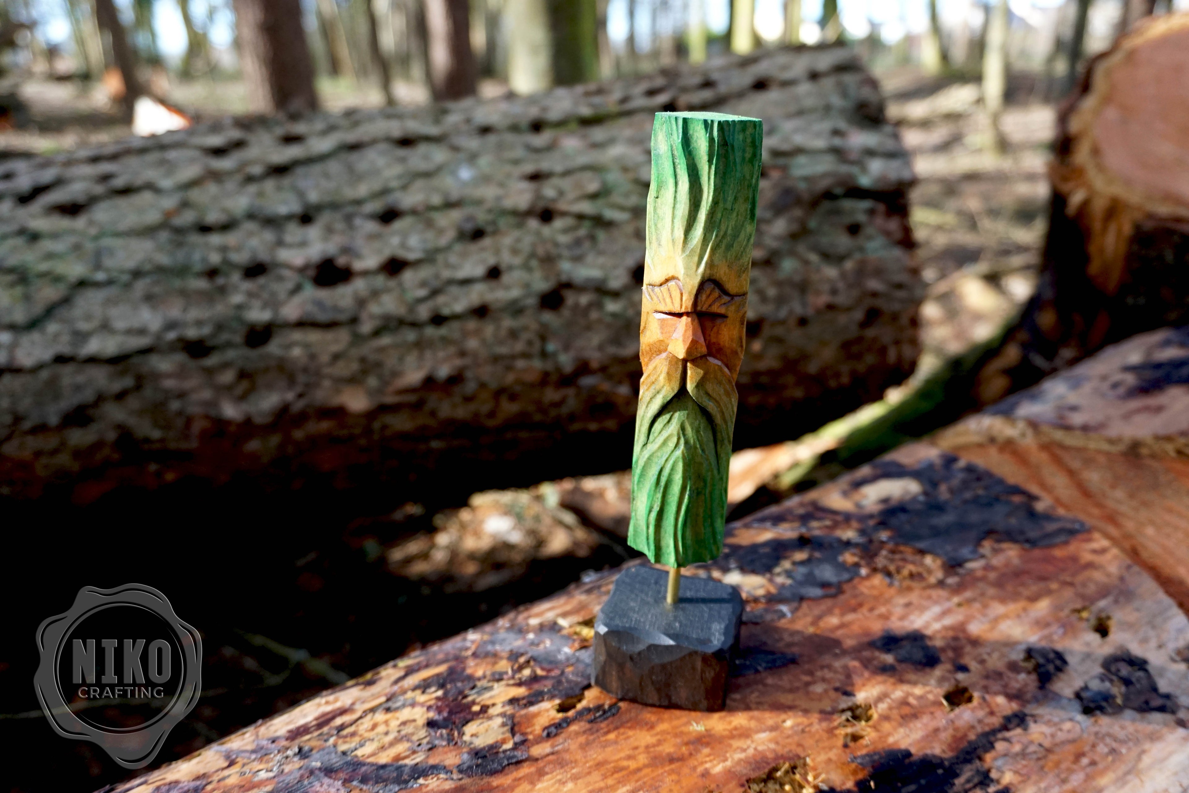 Hand Carved Green Man - Whittled Standing Figurine. Personalised Wood Spirit with stand.