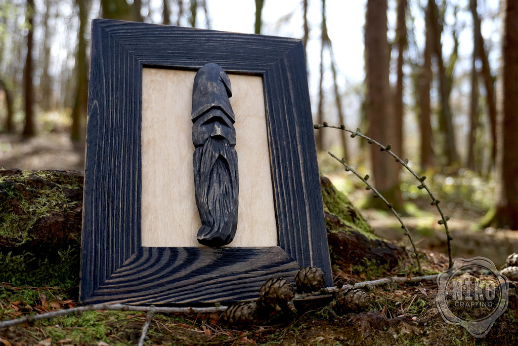 Hand - Carved Viking in Frame - Personalized Rustic Home Decoration – Handmade Wal Art - Black