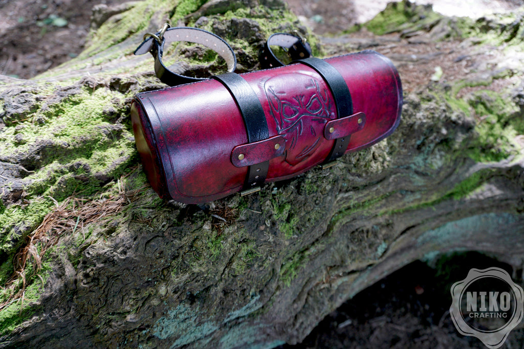 Handmade Leather Motorcycle Tool Roll Bag: Skull Design