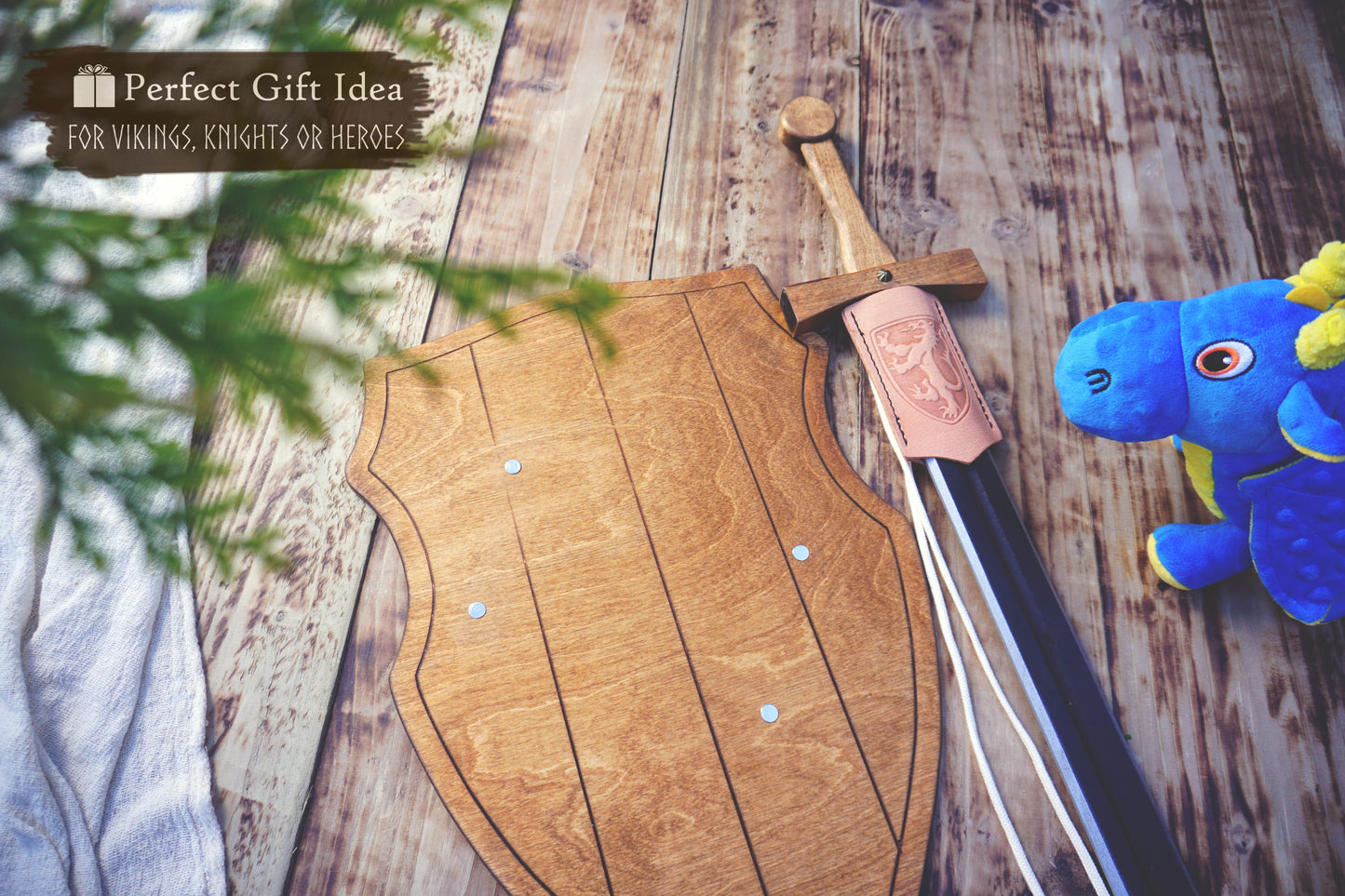 Wooden Toy Sword with Knight Shield and Scabbard - Personalised, handmade gift