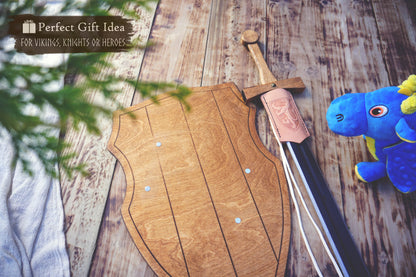 Wooden Toy Sword with Knight Shield and Scabbard - Personalised, handmade gift