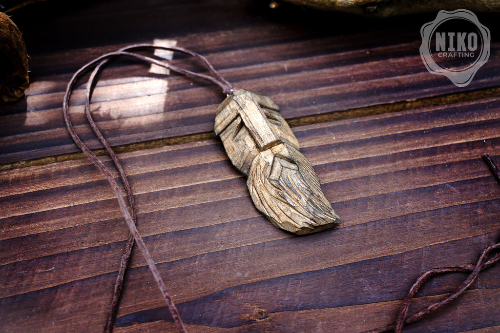 Hand-Carved Viking Pendant - Norse Jewellery. Wooden Necklace on Leather Cord - Personalized whittling gift.