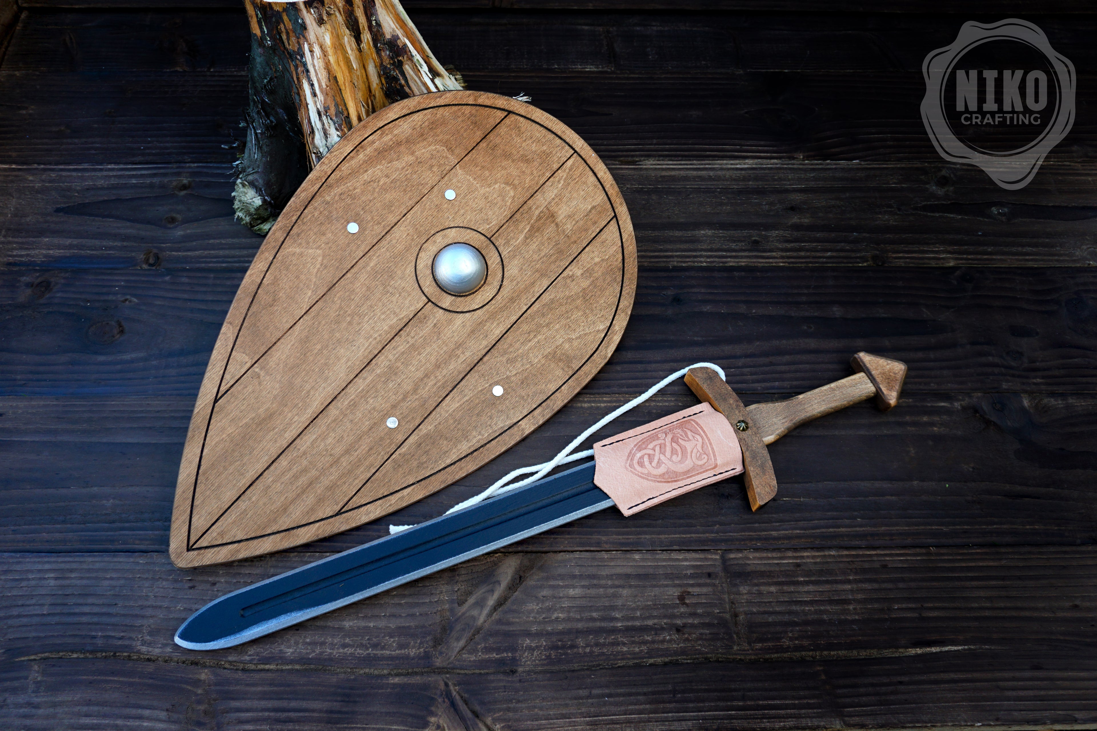 Wooden Viking Sword and Almond Shield - Handmade Personalised Toy - B
